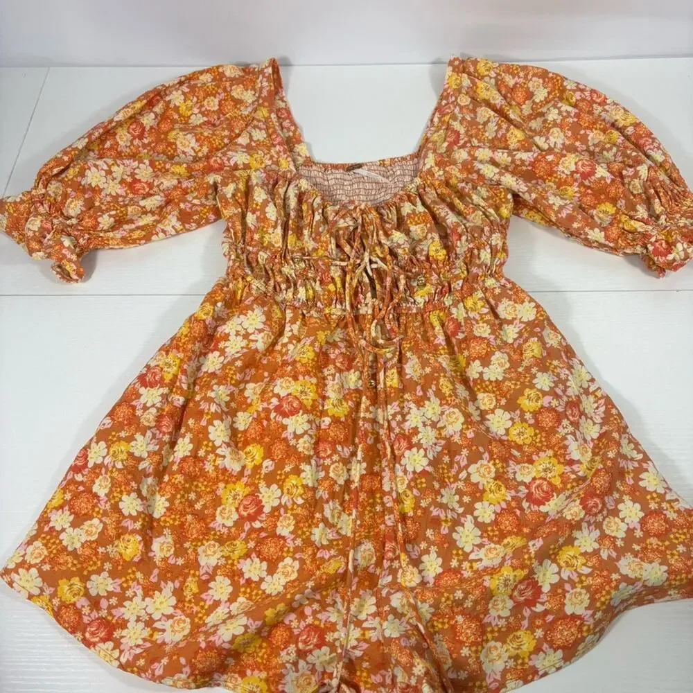 Free People Orange Floral Romper Size Small HH0646